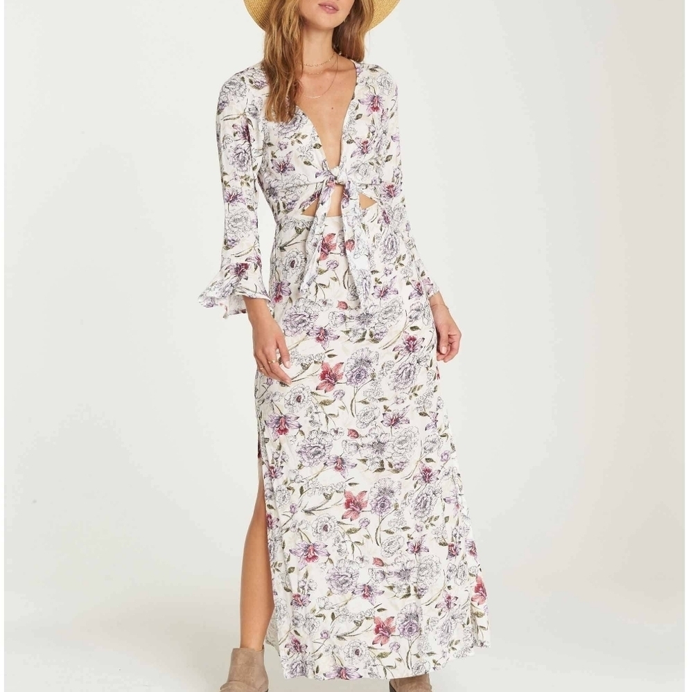Billabong 'Forever Lust' Floral Side Slits Long Sleeve Maxi Dress Size Medium